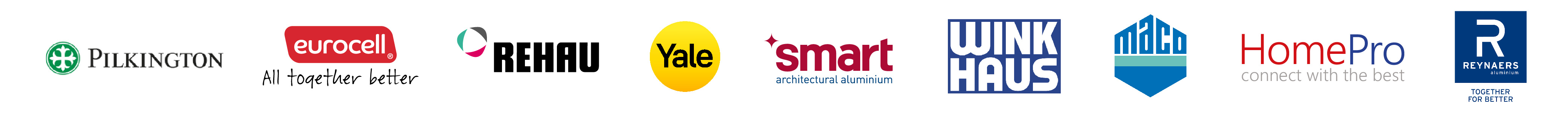 supplier logos including Pilkington, Reynaers, Smart Architectural, Yale and Maco.